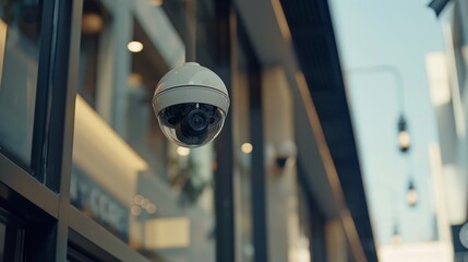 Aufkleber - A contemporary surveillance camera installed at the entrance of a modern shopping center, designed for high-definition monitoring of visitors.