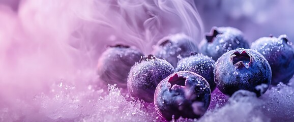 Wall Mural - Fresh blueberries in frost and steam with a purple and pink background.