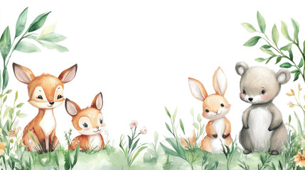 Wall Mural - Cartoon woodland animals in watercolor, including baby deer, fox, bear, and rabbit.