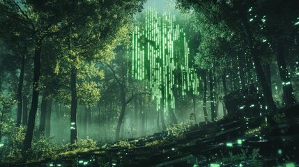 A futuristic illustration of a holographic green code projecting the image of a flourishing forest, representing sustainable digital advancements.