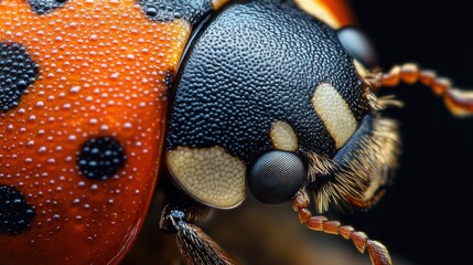 Close-up view of a ladybug showcasing its detailed features and vibrant colors against a dark background