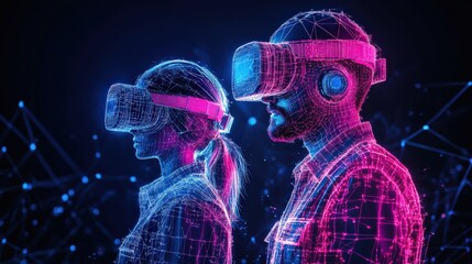 Engineer  team wearing VR headset for working. Neon metaverse background.