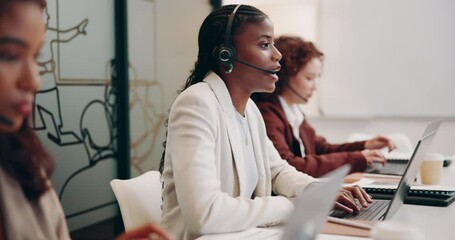 Aufkleber - Call center, laptop and business woman typing email for customer service, support or help desk. Computer, telemarketing and happy sales consultant talking to client for advice, faq or laugh with team