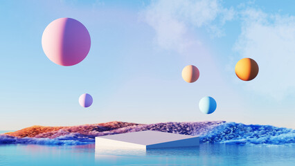 Wall Mural - 3d render, abstract surreal landscape empty podium stand for product with colorful ball falling in t