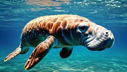 Wall Mural - Graceful manatee gliding through crystal clear ocean waters