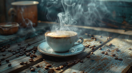 Hot coffee cup with coffee bean on wooden table. Coffee background for cafe or coffee shop