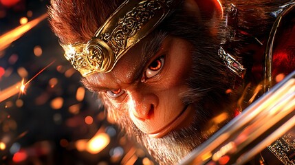 Canvas Print - Monkey King with Golden Crown and Red Armor