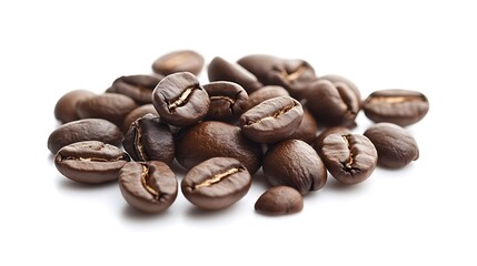 A close-up of a pile of coffee beans on a white background. The beans are roasted and have a dark brown color with a golden brown hue.