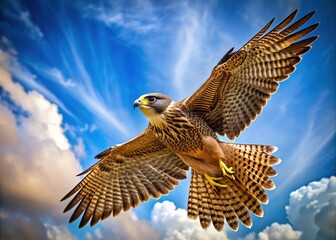 Majestic brown falcon in mid-air, wings outstretched, soaring against a bright blue sky with wispy clouds, conveying power, freedom, and mesmerizing aerial mastery.