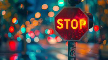 Stop sign on the street, road. Defocused stop sign traffic regulations with traffic lights on the street, increase law enforcement 