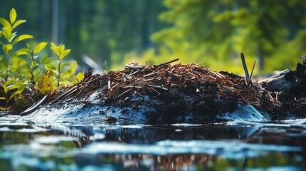 A beaver lodge constructed at the edge of a tranquil pond surrounded by lush green trees in a serene wilderness area during daylight hours