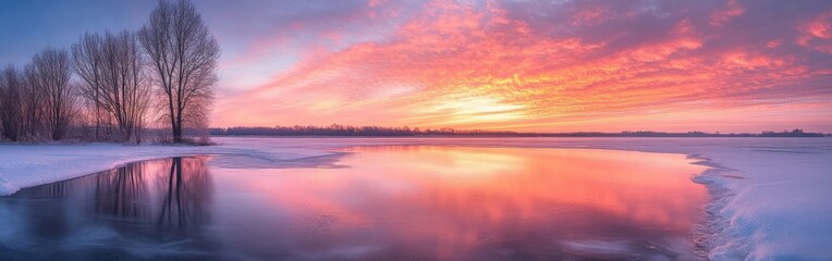 Wall Mural - Serene winter sunset over frozen lake with reflecting colors in the sky and silhouetted trees at dusk