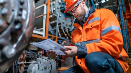 A man in an orange safety jacket is looking at a piece of paper