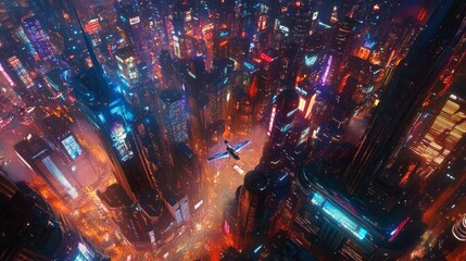 Futuristic cityscape with flying vehicles and towering skyscrapers at night