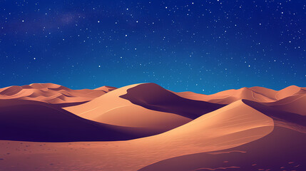 Undulating sand dunes form a scenic desert landscape. night background with blue gradient starry sky. Sahara Desert. Illustration