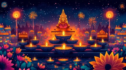 Colorful illustration of Diwali and Dussehra celebrations with diyas, fireworks, and rangoli designs