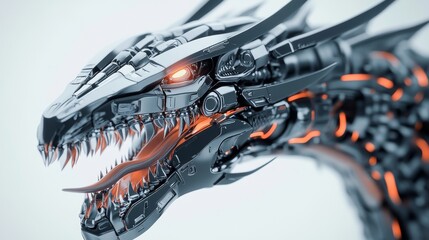 Wall Mural - 3d animation of a mechanical dragon with metal parts and glowing elements