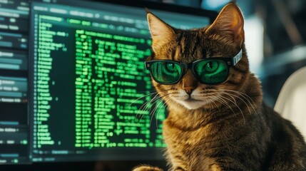 Wall Mural - cat with glasses sitting in front of a screen with a code