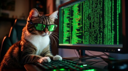 Wall Mural - cat with glasses sitting in front of a screen with a code
