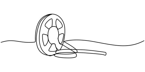 Continuous one line drawing cinema film strip. Vintage cinema element isolated on a white background. Vector illustration, One continuous line drawing of film reel with long tape. Retro old movie