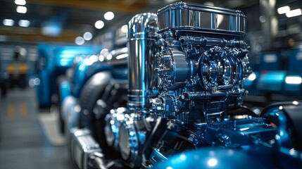 Wall Mural - Close-up of a Chrome-Plated Engine in a Factory Setting