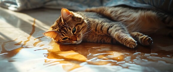 Wall Mural - A tabby cat lying on a wet surface with a puddle of water.