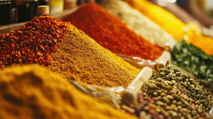 Vibrant display of spices in a bustling market showcasing various colors, textures, and aromas from diverse culinary traditions