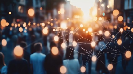 Wall Mural - 3d animation of a crowd of people with abstract light lines connecting them into a grid