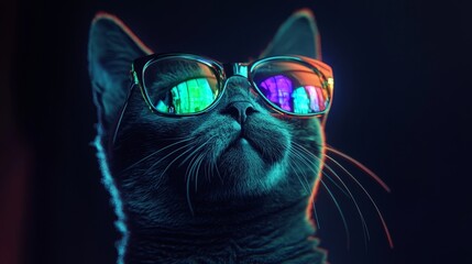 Wall Mural - Cat in glasses with neon shades on a black background