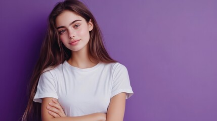 Full body portrait of lovely young girl posing empty space wear shirt isolated on purple color background