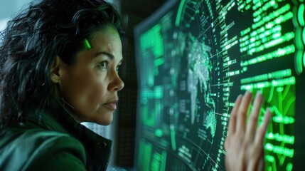 A woman is looking at a computer screen with a green background