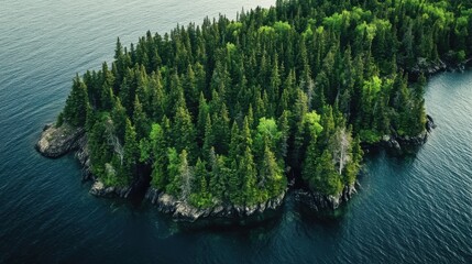 Wall Mural - Aerial view of a lush green island surrounded by calm waters on a sunny day in summer