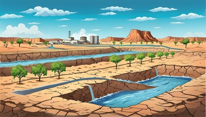 Wall Mural - Innovative Water Management Solutions for Drought-Prone Regions in Colorful Flat Design