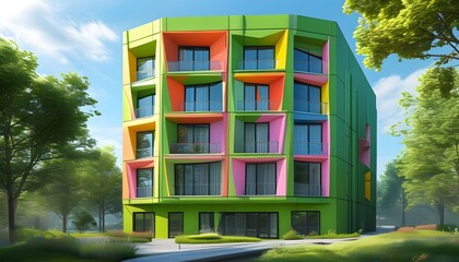 Canvas Print - Innovative Green Architecture Featuring Energy-Efficient Facades and Flat Design in Pastel Colors