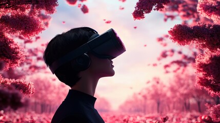 Wall Mural - a person walking through a virtual forest, surrounded by realistic flora and fauna, emphasizing the 