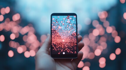 Wall Mural - a hand holding a smartphone, showing a map with lines representing internet traffic, highlighting th