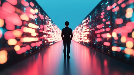 Wall Mural - a person standing in a futuristic data center, surrounded by glowing screens displaying information,