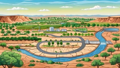 Wall Mural - Innovative Water Management Solutions for Drought-Prone Regions in Colorful Flat Design