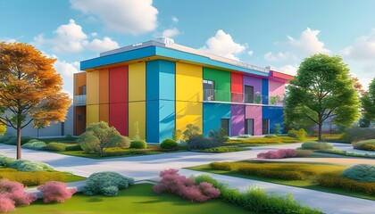 Wall Mural - Cartoon Illustration of Low-Energy, High-Performance Insulated Architecture in Flat Design with Pastel Colors