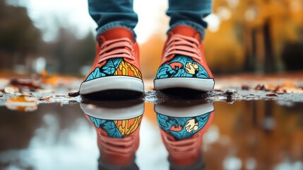 Sticker - A child stomping in a puddle, with their reflection distorted and reflecting a colorful, hand drawn illustration of a playful creature, creating a whimsical and childlike scene.