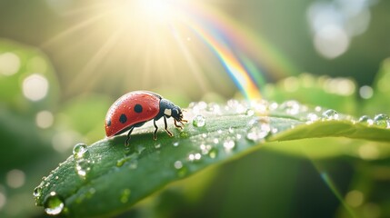 Sticker - A droplet of water on a leaf refracting the sunlight, creating a miniature rainbow reflecting a hand drawn illustration of a ladybug, emphasizing the beauty of detail and light.