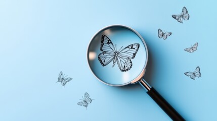 Sticker - A magnifying glass magnifying a detailed, hand drawn illustration of a butterfly, with the reflection in the lens creating a sense of depth and detail, emphasizing the intricate beauty of nature.