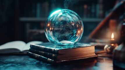 Wall Mural - a glass magic ball on a stack of old books in a magical setting