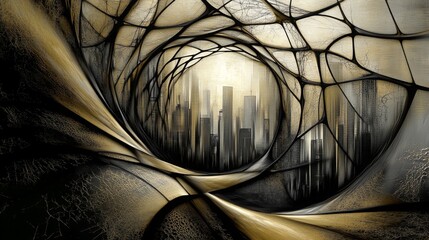 Stylized illustration featuring a city skyline framed by a design of organic web or net or vines, in subdued black, gray, yellow and off-white