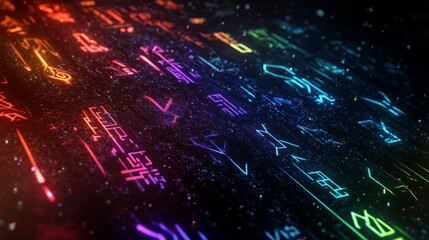Wall Mural - neon holographic symbols glowing in the dark