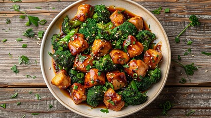 Wall Mural - chicken pieces and vibrant green broccoli in a glossy, savory sauce