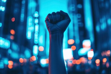 Protesters raising their fist and shouting in a blurry cityscape background Human protesting in a city with generative ai