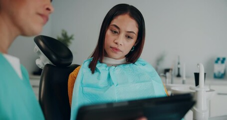 Canvas Print - Women, dentist and tablet with patient for dental surgery in clinic for teeth whitening and treatment options. Hygiene, discussion and dentistry on consultation for canal procedure and oral care xray