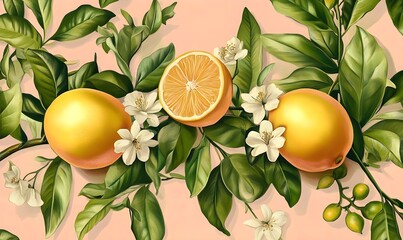 Wall Mural - Fresh Oranges with Blossoms and Leaves