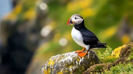 Poster - Puffin Perched on a Rock Against a Blurred Background